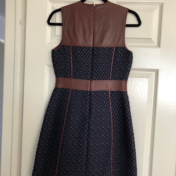 Women’s Theory Brown Leather and Navy Blue Tweed Dress 2 - Picture 2 of 7